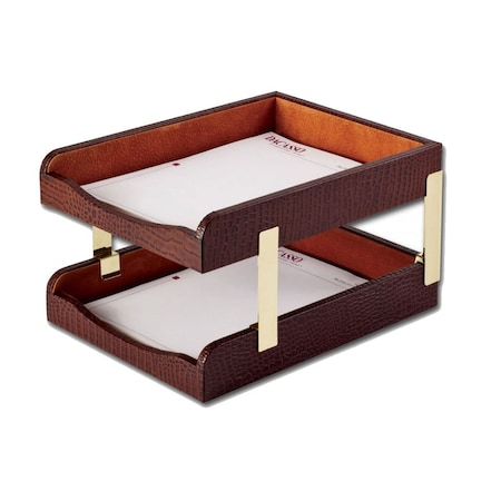 Brown Crocodile Embossed Leather Double Letter Trays